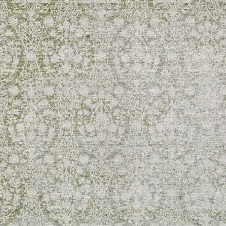 10' X 14' Artichoke Green Damask Washable Indoor Outdoor Area Rug