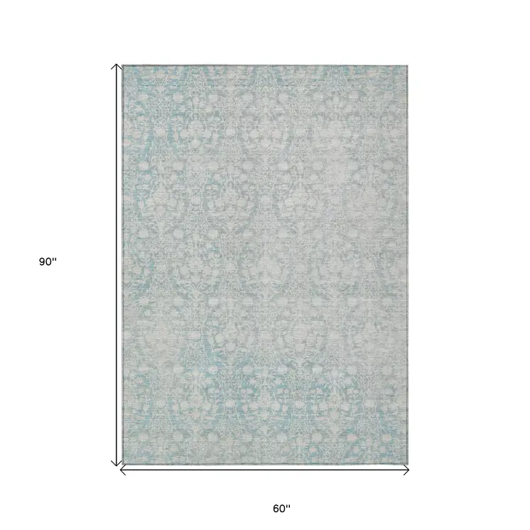 5' X 8' Aqua Damask Washable Indoor Outdoor Area Rug