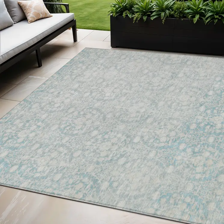 5' X 8' Aqua Damask Washable Indoor Outdoor Area Rug
