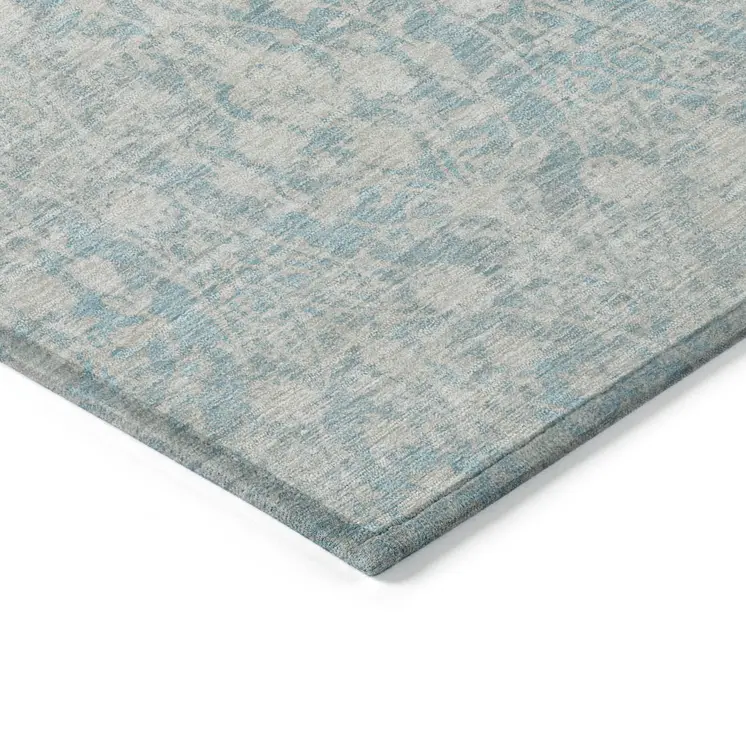 5' X 8' Aqua Damask Washable Indoor Outdoor Area Rug