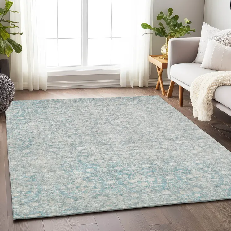 5' X 8' Aqua Damask Washable Indoor Outdoor Area Rug