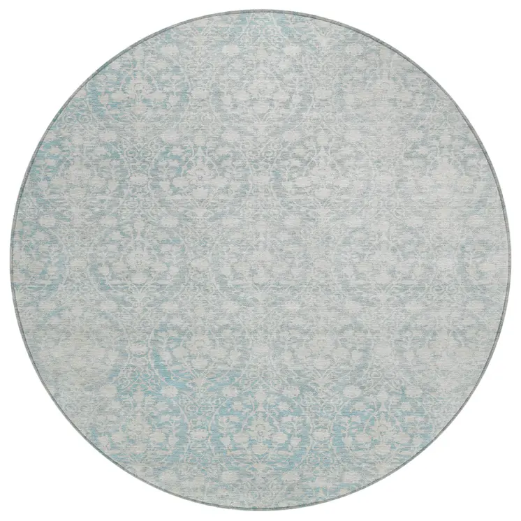 8' Aqua Round Damask Washable Indoor Outdoor Area Rug