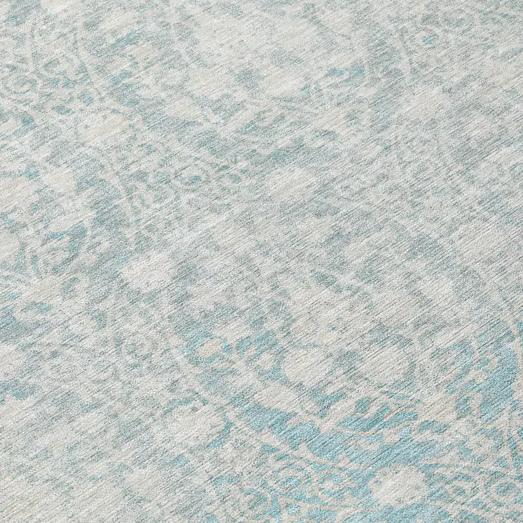 8' Aqua Round Damask Washable Indoor Outdoor Area Rug
