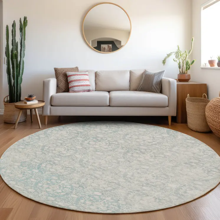 8' Aqua Round Damask Washable Indoor Outdoor Area Rug