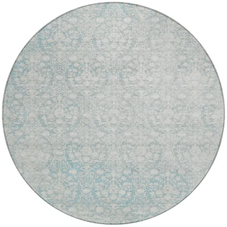 8' Aqua Round Damask Washable Indoor Outdoor Area Rug