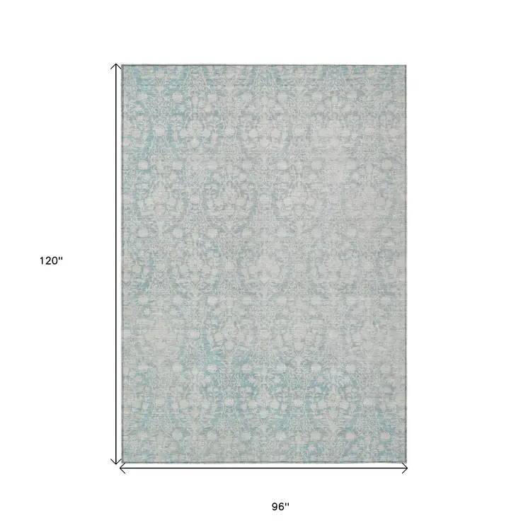 8' X 10' Aqua Damask Washable Indoor Outdoor Area Rug