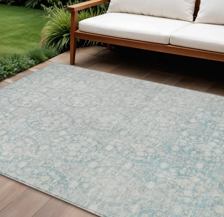 8' X 10' Aqua Damask Washable Indoor Outdoor Area Rug