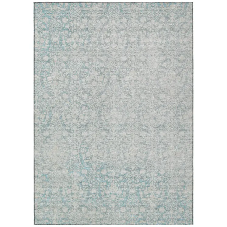8' X 10' Aqua Damask Washable Indoor Outdoor Area Rug
