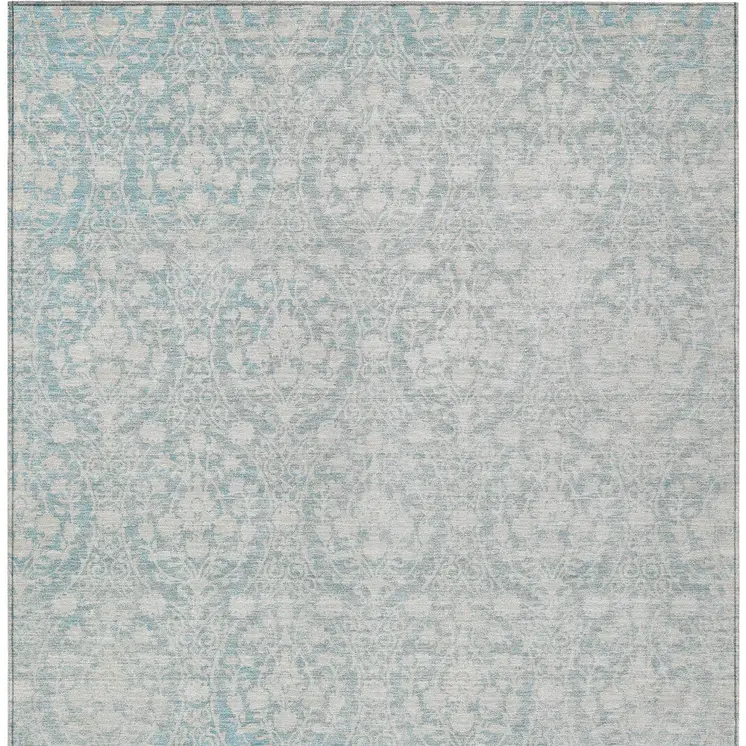 9' X 12' Aqua Damask Washable Indoor Outdoor Area Rug