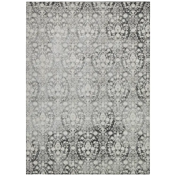 3' X 5' Charcoal Damask Washable Indoor Outdoor Area Rug
