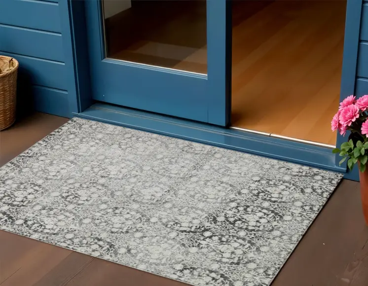 3' X 5' Charcoal Damask Washable Indoor Outdoor Area Rug