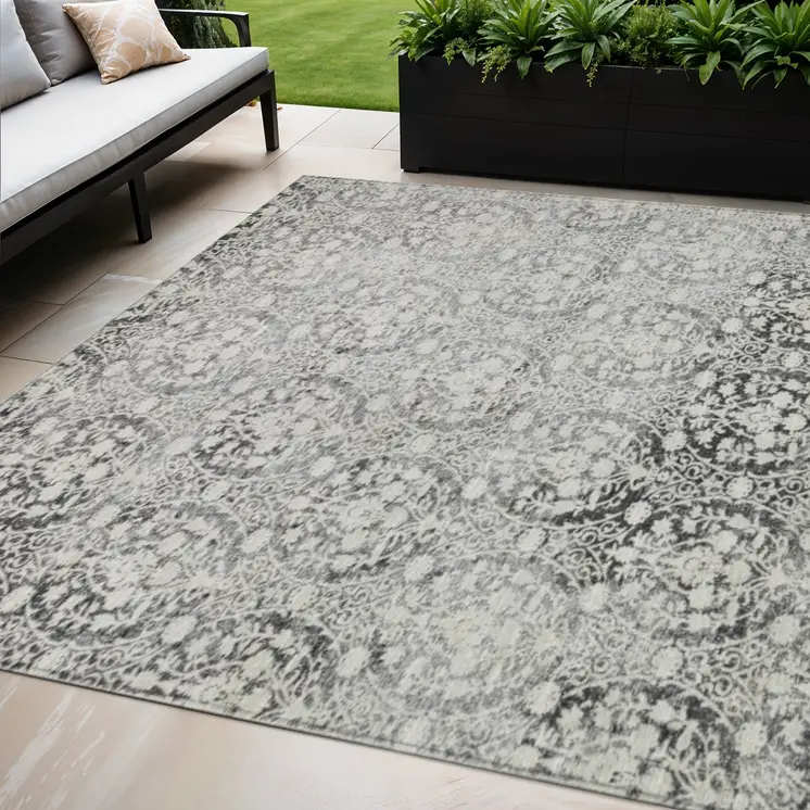 5' X 8' Charcoal Damask Washable Indoor Outdoor Area Rug