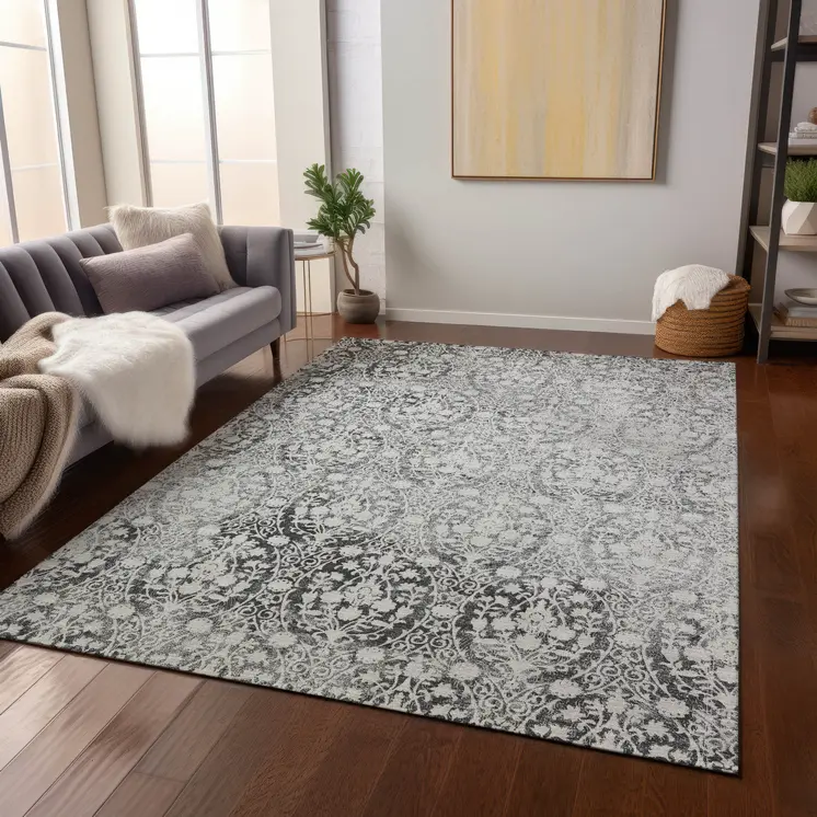 5' X 8' Charcoal Damask Washable Indoor Outdoor Area Rug