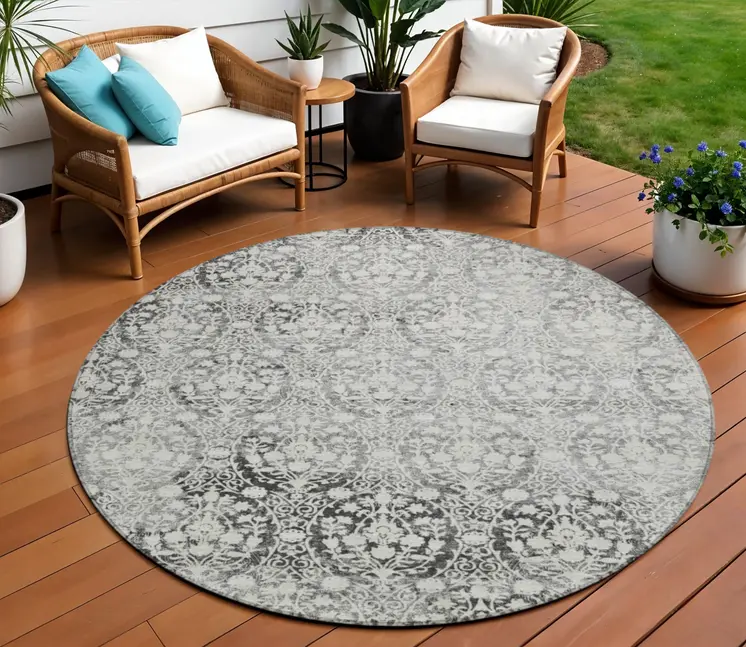 8' Charcoal Round Damask Washable Indoor Outdoor Area Rug