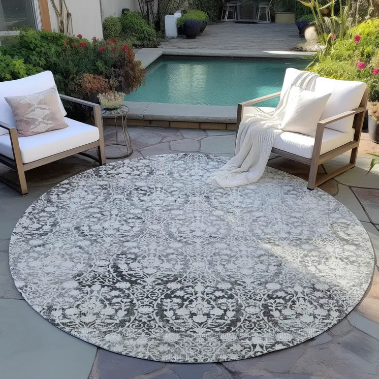 8' Charcoal Round Damask Washable Indoor Outdoor Area Rug