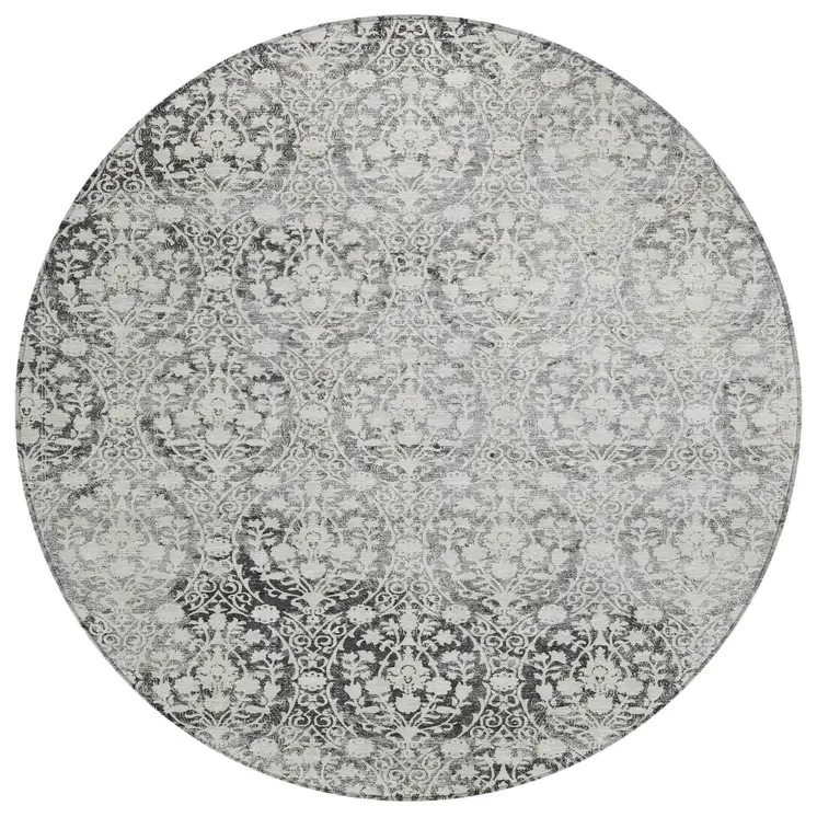 8' Charcoal Round Damask Washable Indoor Outdoor Area Rug