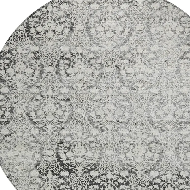 8' Charcoal Round Damask Washable Indoor Outdoor Area Rug