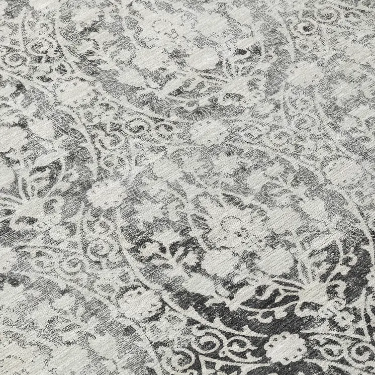 8' Charcoal Round Damask Washable Indoor Outdoor Area Rug