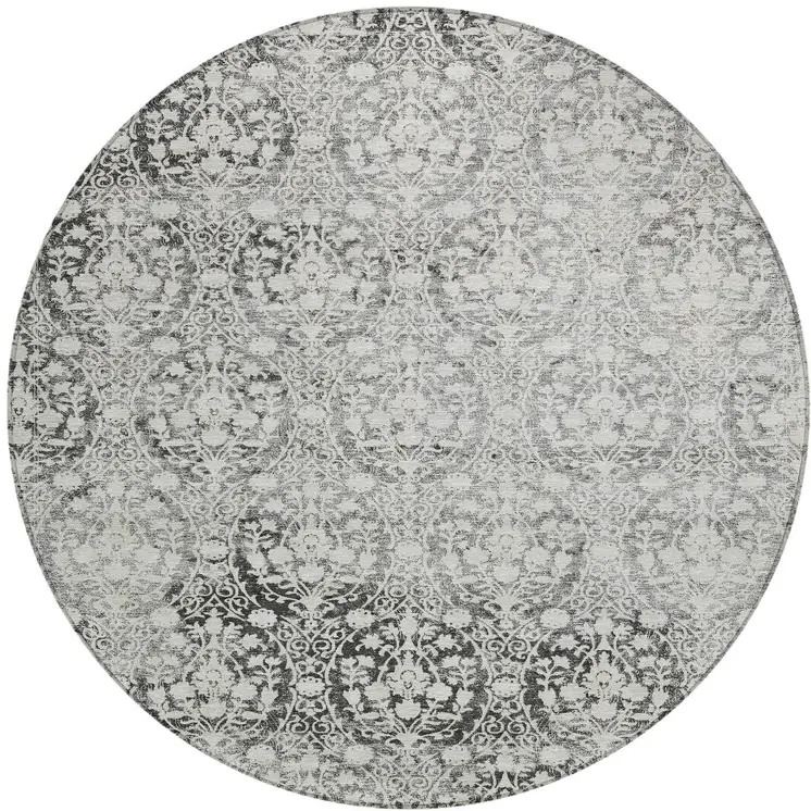 8' Charcoal Round Damask Washable Indoor Outdoor Area Rug