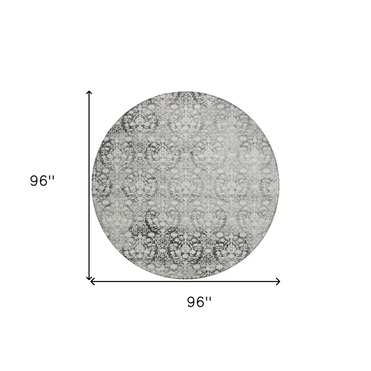 8' Charcoal Round Damask Washable Indoor Outdoor Area Rug