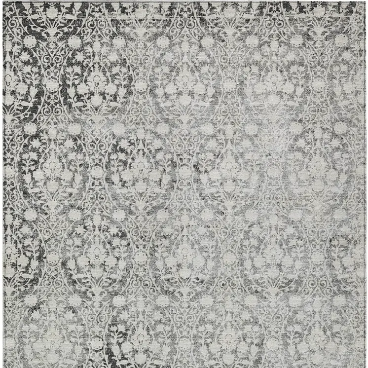 8' X 10' Charcoal Damask Washable Indoor Outdoor Area Rug