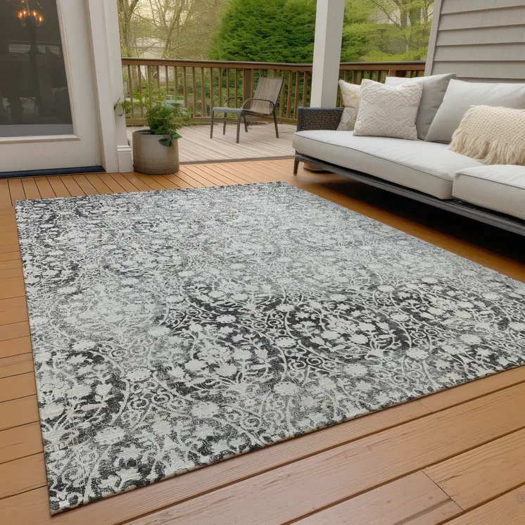 8' X 10' Charcoal Damask Washable Indoor Outdoor Area Rug