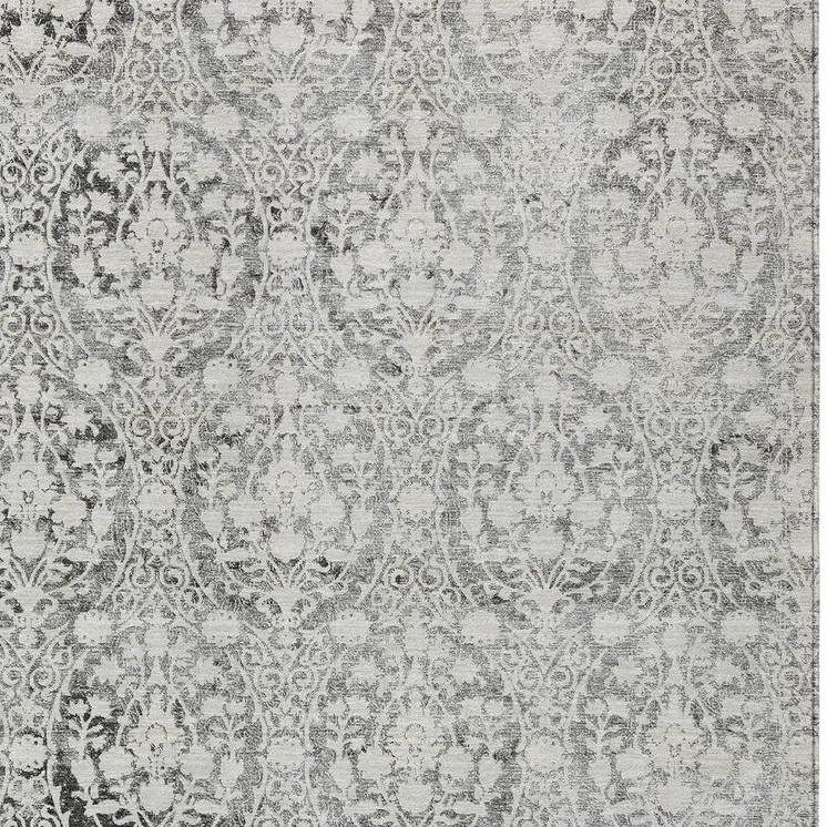 9' X 12' Charcoal Damask Washable Indoor Outdoor Area Rug