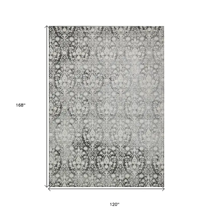 10' X 14' Charcoal Damask Washable Indoor Outdoor Area Rug