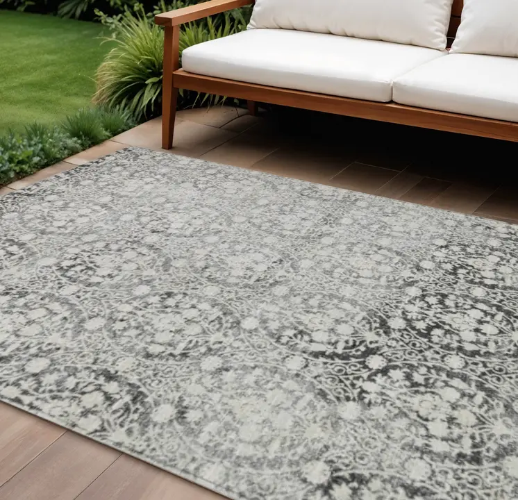 10' X 14' Charcoal Damask Washable Indoor Outdoor Area Rug