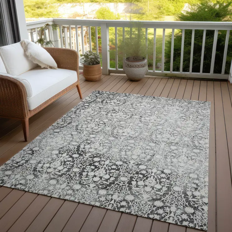 10' X 14' Charcoal Damask Washable Indoor Outdoor Area Rug