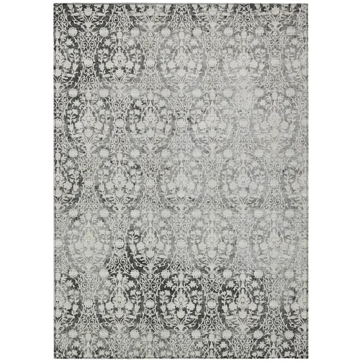 10' X 14' Charcoal Damask Washable Indoor Outdoor Area Rug