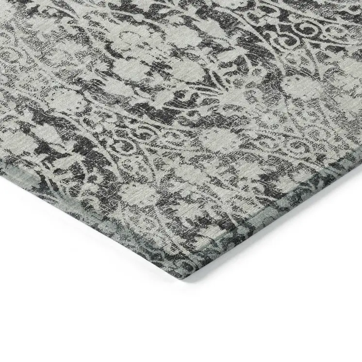 10' X 14' Charcoal Damask Washable Indoor Outdoor Area Rug