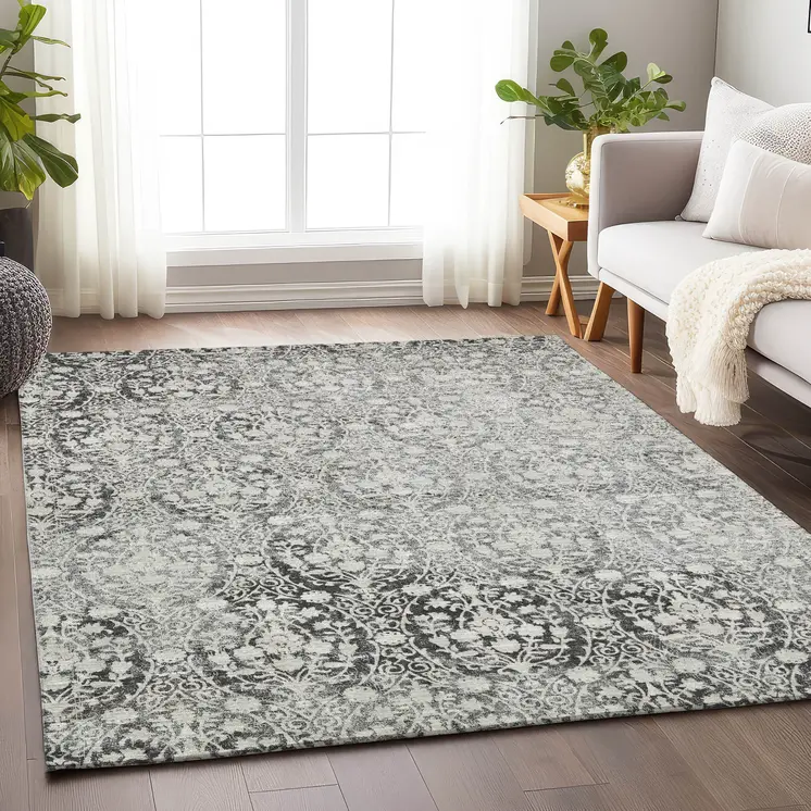 10' X 14' Charcoal Damask Washable Indoor Outdoor Area Rug