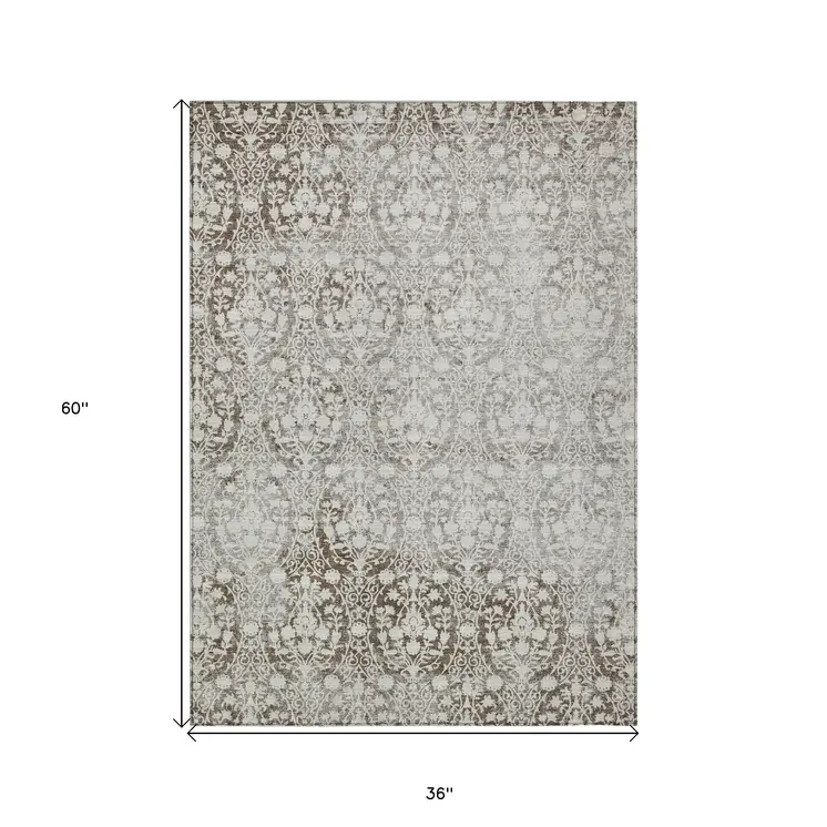 3' X 5' Chocolate Damask Washable Indoor Outdoor Area Rug