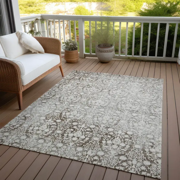 3' X 5' Chocolate Damask Washable Indoor Outdoor Area Rug
