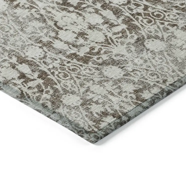 3' X 5' Chocolate Damask Washable Indoor Outdoor Area Rug