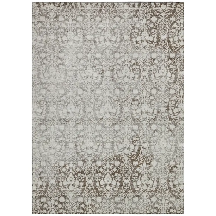 3' X 5' Chocolate Damask Washable Indoor Outdoor Area Rug