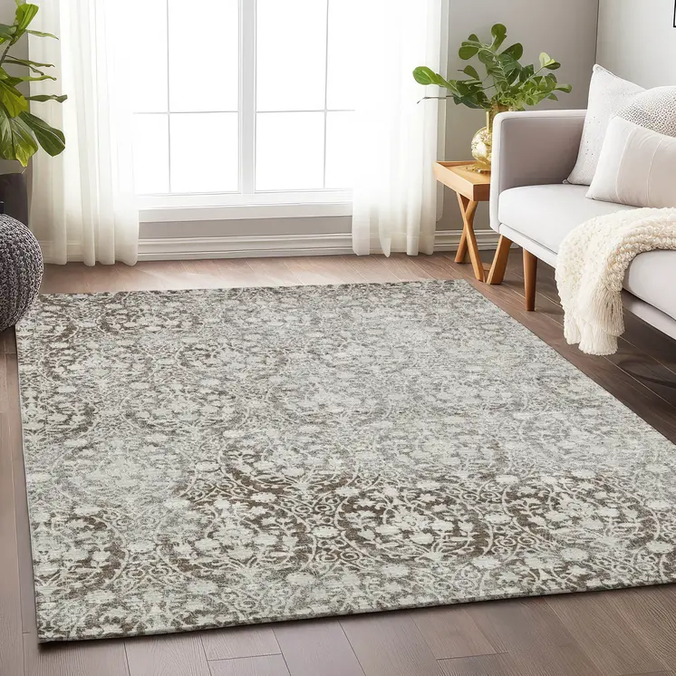 3' X 5' Chocolate Damask Washable Indoor Outdoor Area Rug
