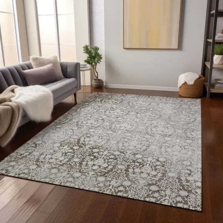 3' X 5' Chocolate Damask Washable Indoor Outdoor Area Rug