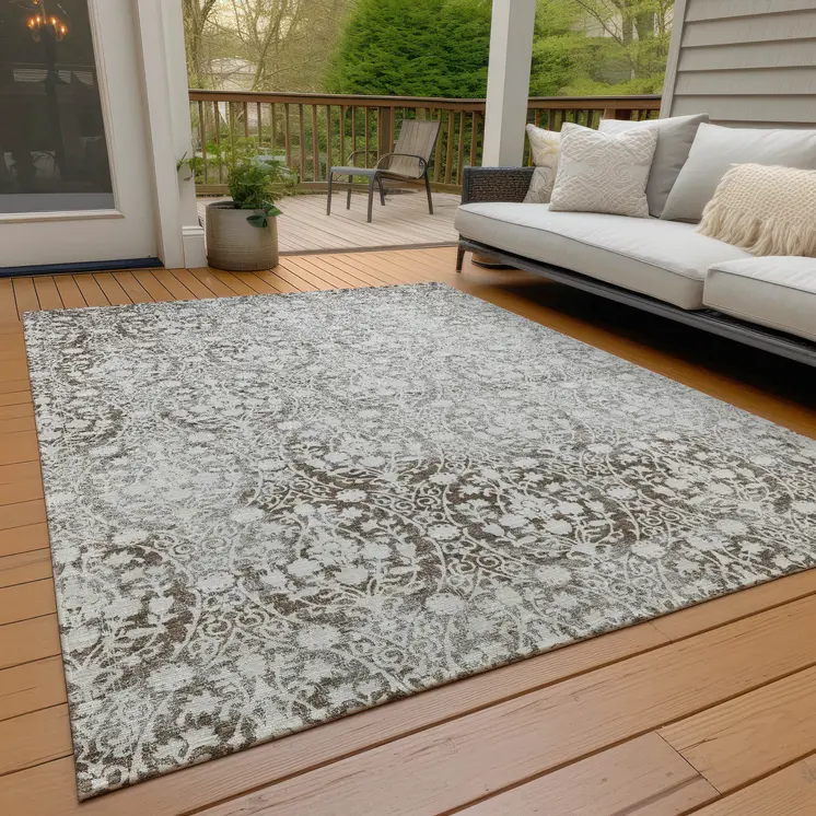5' X 8' Chocolate Damask Washable Indoor Outdoor Area Rug
