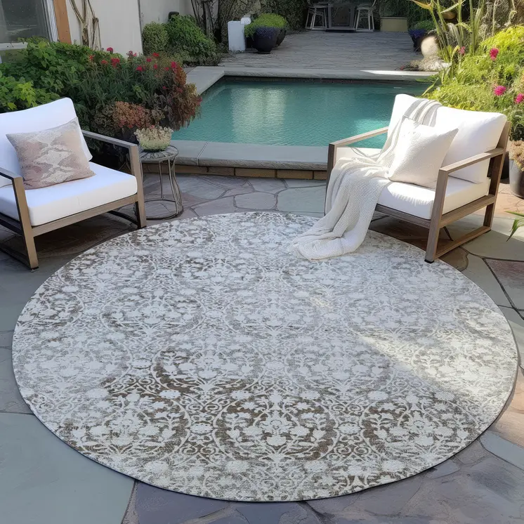 8' Chocolate Round Damask Washable Indoor Outdoor Area Rug
