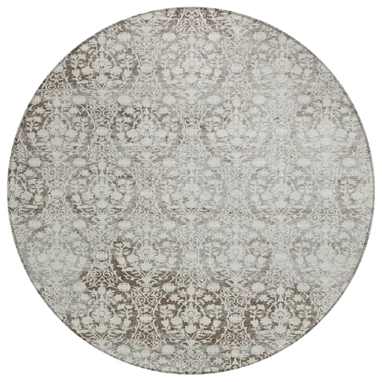 8' Chocolate Round Damask Washable Indoor Outdoor Area Rug