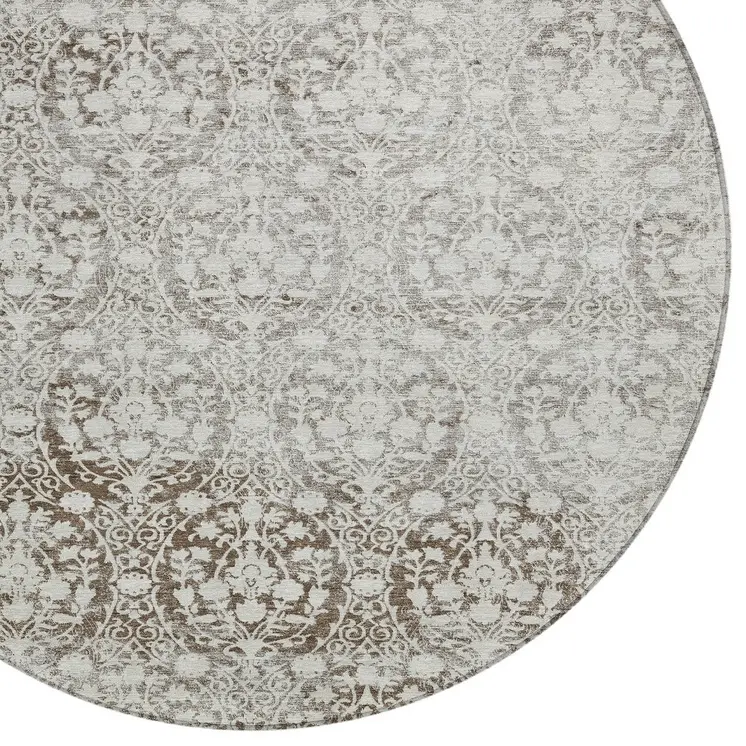 8' Chocolate Round Damask Washable Indoor Outdoor Area Rug