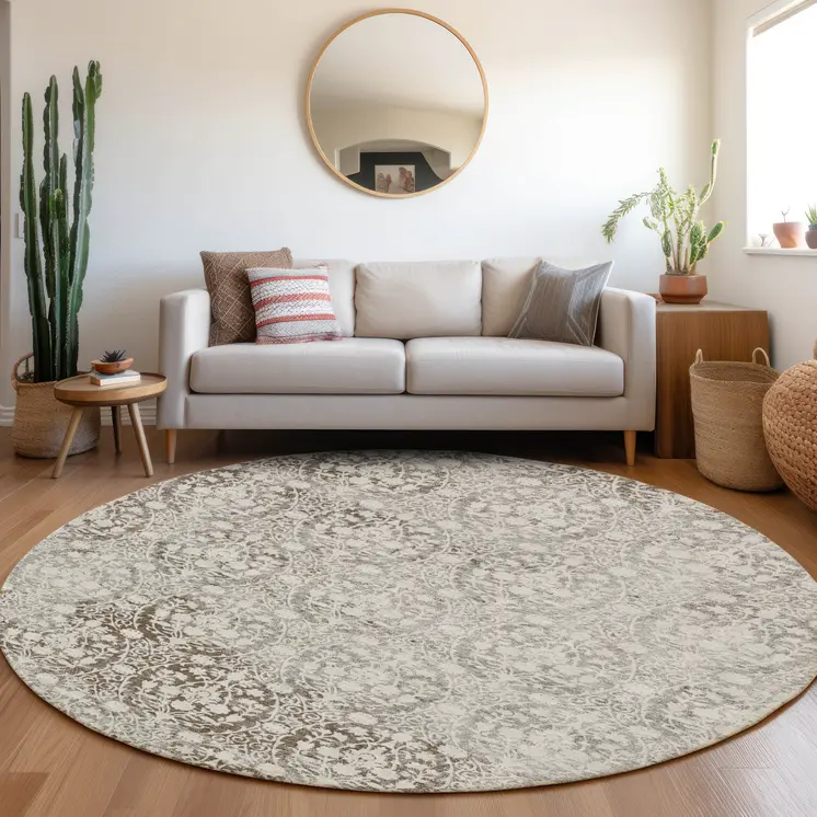 8' Chocolate Round Damask Washable Indoor Outdoor Area Rug