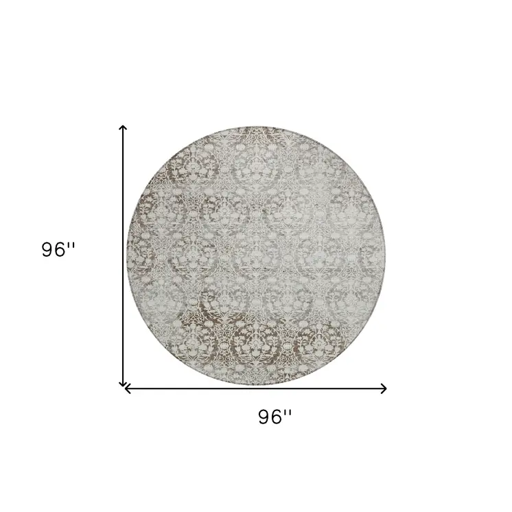 8' Chocolate Round Damask Washable Indoor Outdoor Area Rug