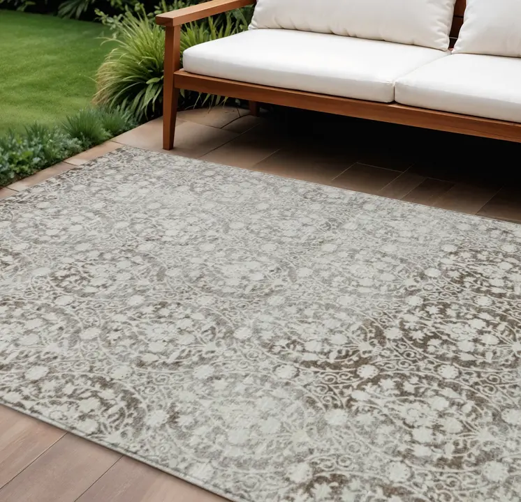 8' X 10' Chocolate Damask Washable Indoor Outdoor Area Rug