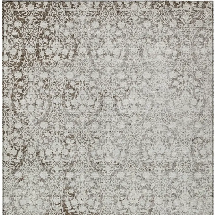9' X 12' Chocolate Damask Washable Indoor Outdoor Area Rug