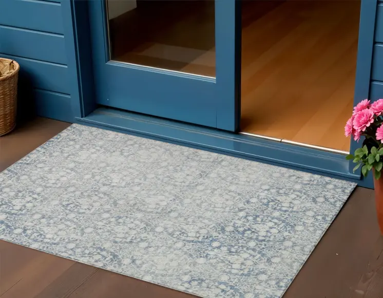 3' X 5' Denim Blue Damask Washable Indoor Outdoor Area Rug