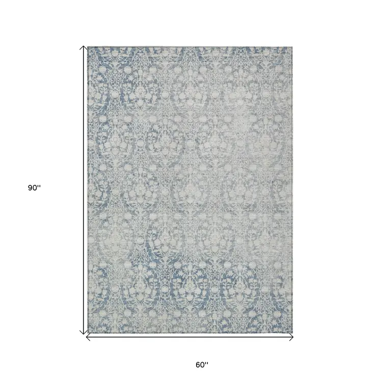 5' X 8' Denim Blue Damask Washable Indoor Outdoor Area Rug