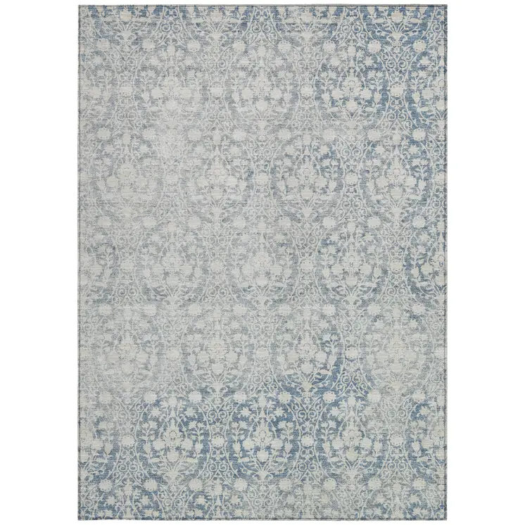 5' X 8' Denim Blue Damask Washable Indoor Outdoor Area Rug